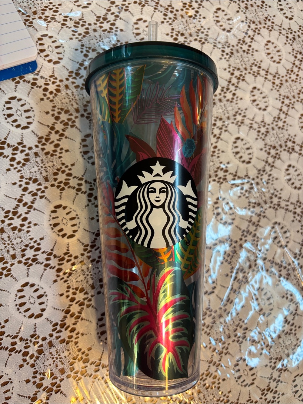 Starbucks large tumbler tropical metallic leaves good used shape